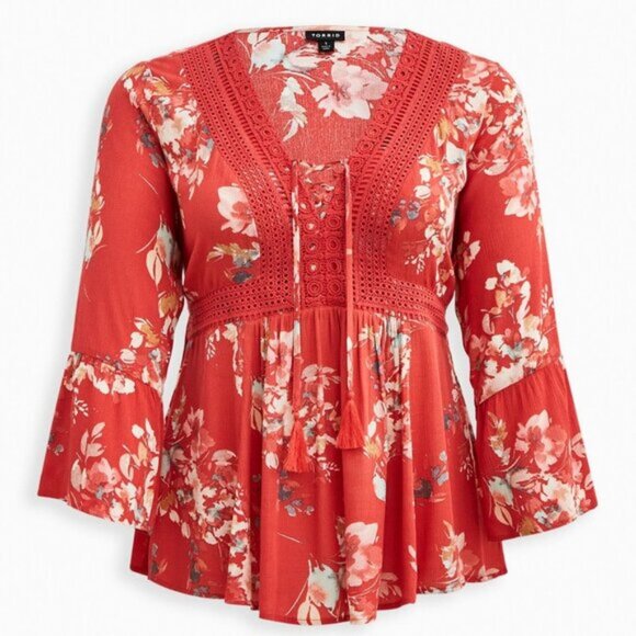 Torrid Floral Boho Babydoll Top Gauze Crochet Trim Lace-Up Bell Sleeves Size 3 - Picture 1 of 7